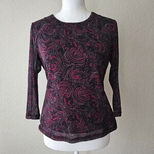 Croft & Barrow whimsigoth black and burgundy paisley print mesh 3/4 sleeve top
